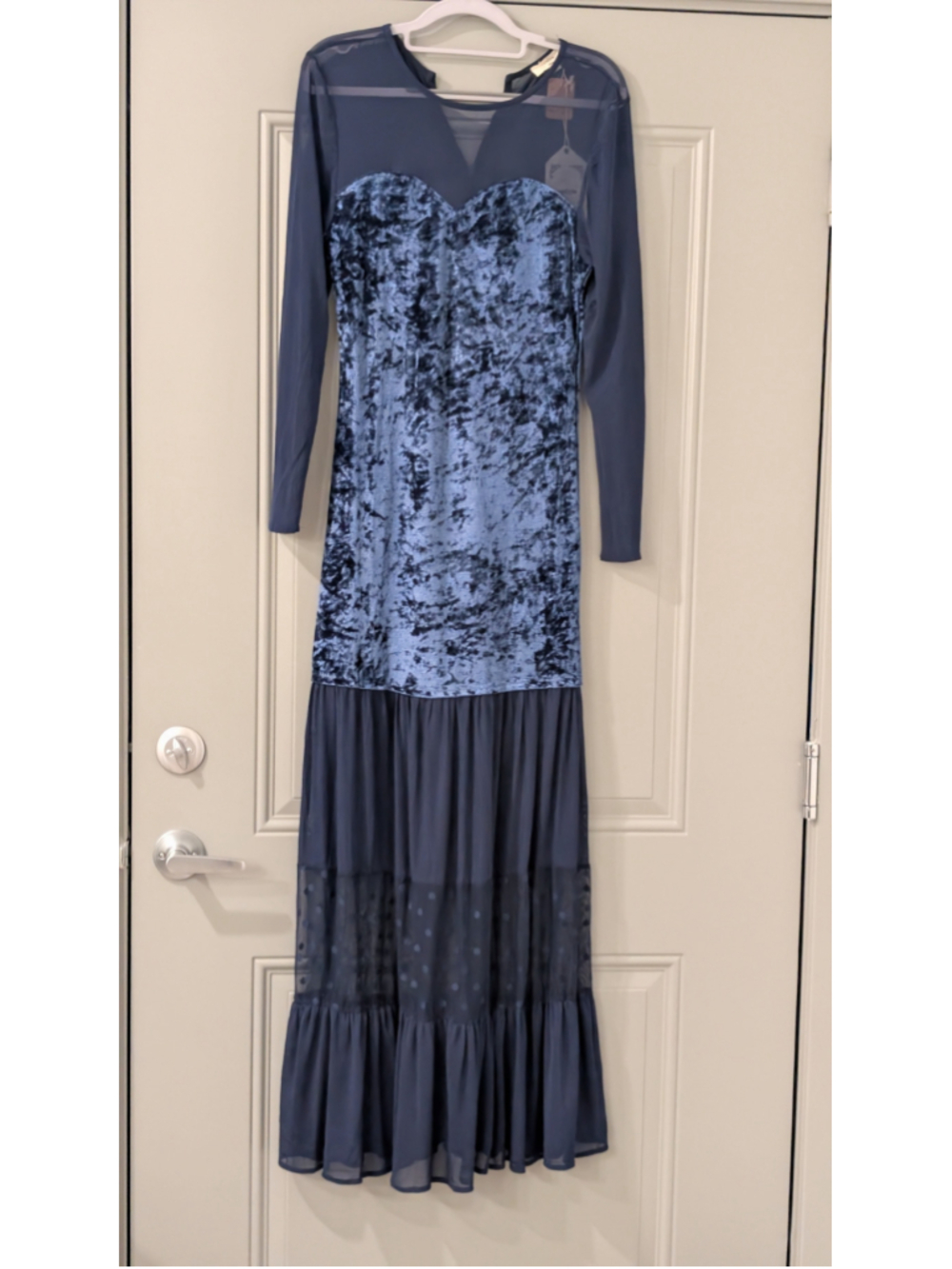 Women's Entro Maxi Dress Size S Blue Navy Velvet Mesh Long Sleeve